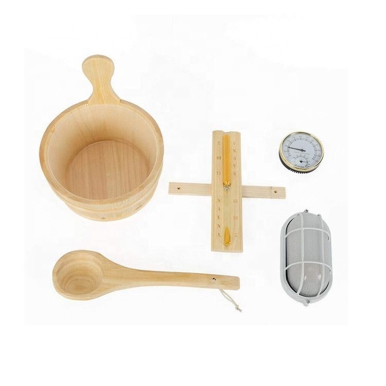 Аксессуары сауны Kit Buil Wooden Bucket Dipper Lamp Традиционный карманный таймер с термометром Водяной лоток Песочные часы Спа Домашний сауна