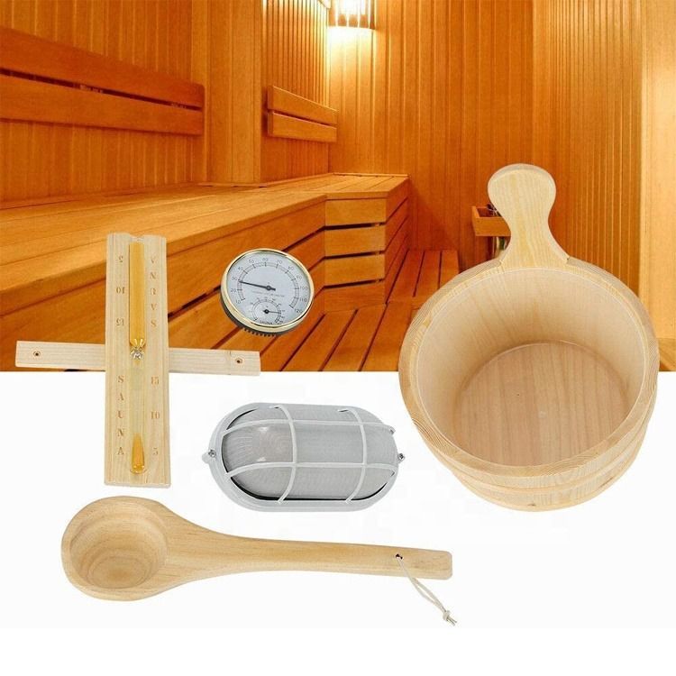 Аксессуары сауны Kit Buil Wooden Bucket Dipper Lamp Традиционный карманный таймер с термометром Водяной лоток Песочные часы Спа Домашний сауна